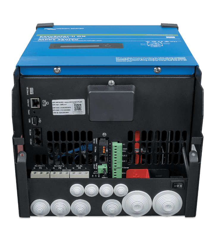 The Victron EasySolar-II blue and black power inverter features multiple back panel ports, including USB, terminal blocks, and cable entries for seamless MPPT solar charge controller integration.
