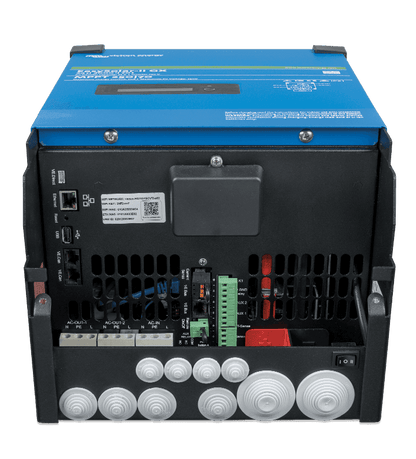 The Victron EasySolar-II blue and black power inverter features multiple back panel ports, including USB, terminal blocks, and cable entries for seamless MPPT solar charge controller integration.