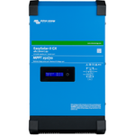 A blue Victron EasySolar-II GX MPPT 250/70 device for 48V solar systems features a display, labeled controls, and technical info for power management. It includes an MPPT charge controller and supports remote monitoring.