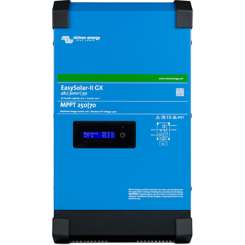 A blue Victron EasySolar-II GX MPPT 250/70 device for 48V solar systems features a display, labeled controls, and technical info for power management. It includes an MPPT charge controller and supports remote monitoring.