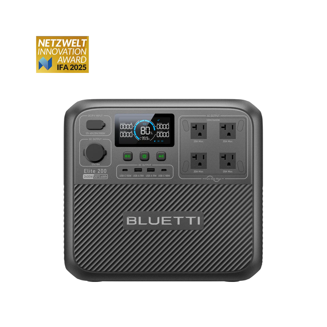 A Bluetti Elite 200 portable power station with display screen, buttons, and four outlets. Perfect as a solar generator for on-the-go energy needs. A badge in the top left corner reads Netzwelt Innovation Award IFA 2025.