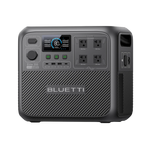 A black Bluetti Elite 200 portable power station with an LED display showing battery status, four AC outlets, multiple ports, and control buttons on the front panel. The surface has a textured pattern and the brand name is visible, making it an ideal solar generator solution for versatile power needs.