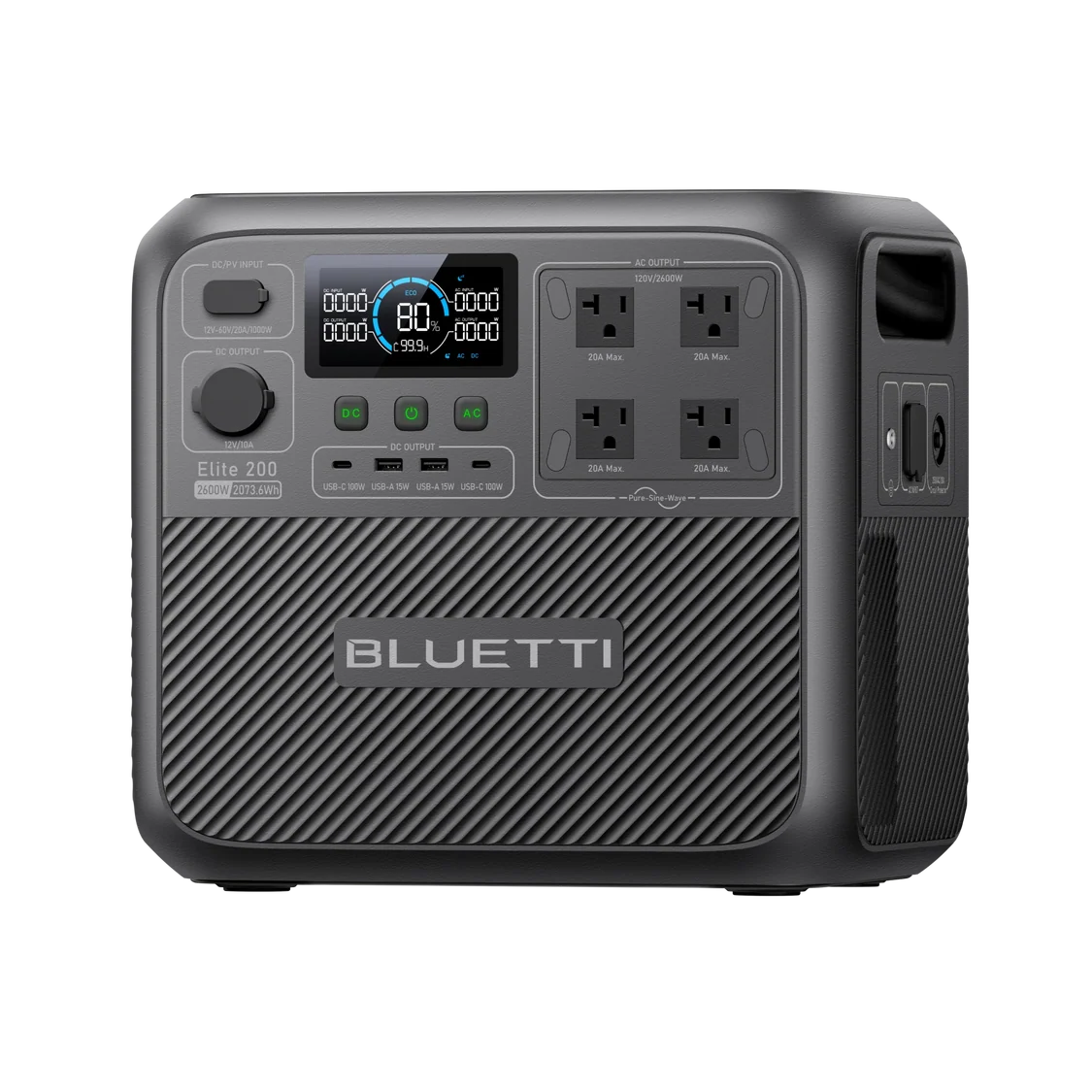 A black Bluetti Elite 200 portable power station with an LED display showing battery status, four AC outlets, multiple ports, and control buttons on the front panel. The surface has a textured pattern and the brand name is visible, making it an ideal solar generator solution for versatile power needs.