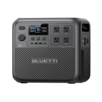 A black Bluetti Elite 200 portable power station with an LED display showing battery status, four AC outlets, multiple ports, and control buttons on the front panel. The surface has a textured pattern and the brand name is visible, making it an ideal solar generator solution for versatile power needs.
