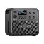 A black BLUETTI Elite 200V2 portable power station with a digital display, control buttons, and four AC outlets on the front panel, set against a plain white background. This sleek solar generator offers reliable power on the go.