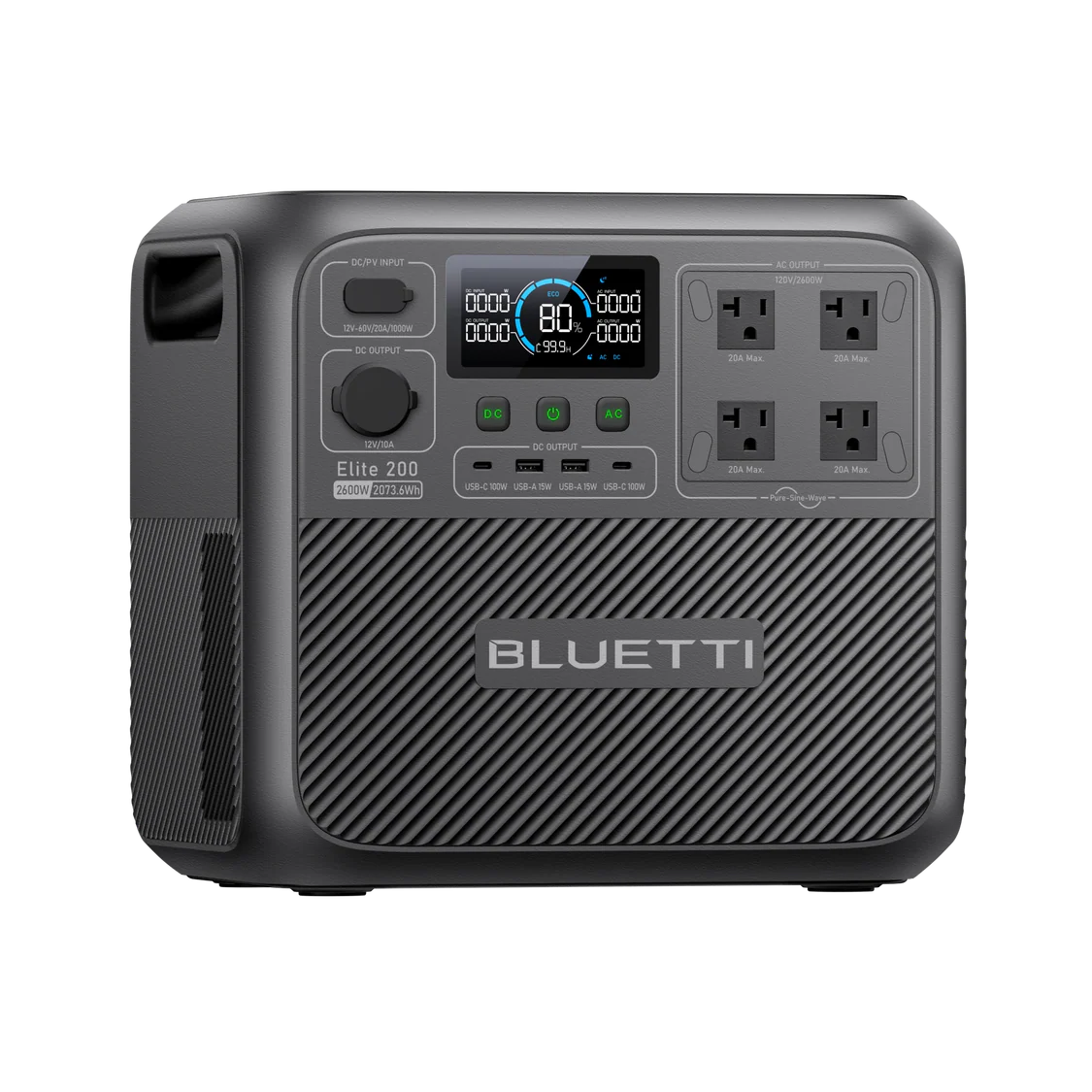 A black BLUETTI Elite 200V2 portable power station with a digital display, control buttons, and four AC outlets on the front panel, set against a plain white background. This sleek solar generator offers reliable power on the go.