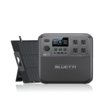 A Bluetti Elite 200 portable power station with four AC outlets, digital display, and control knobs sits next to a foldable solar panel, both on a white background—perfect as a reliable solar generator for your outdoor or emergency power needs.