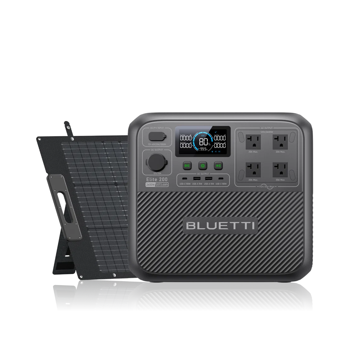 A Bluetti Elite 200 portable power station with four AC outlets, digital display, and control knobs sits next to a foldable solar panel, both on a white background—perfect as a reliable solar generator for your outdoor or emergency power needs.