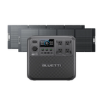 A BLUETTI Elite 200 portable power station with multiple outlets, display screen, and buttons is shown in front of four folded solar panels on a white background, illustrating the versatility of this powerful solar generator.
