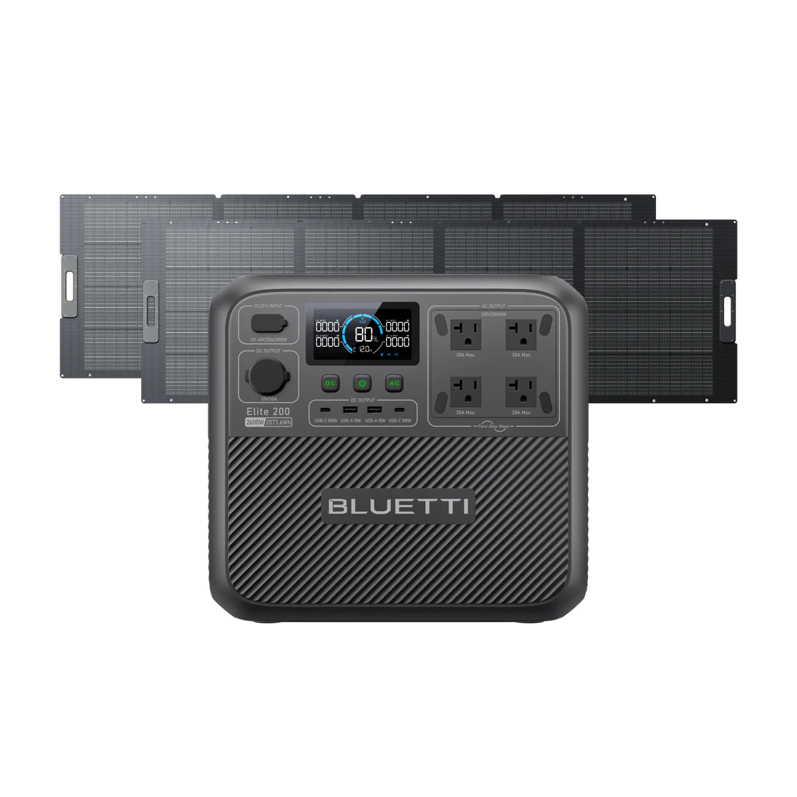 A BLUETTI Elite 200 portable power station with multiple outlets, display screen, and buttons is shown in front of four folded solar panels on a white background, illustrating the versatility of this powerful solar generator.