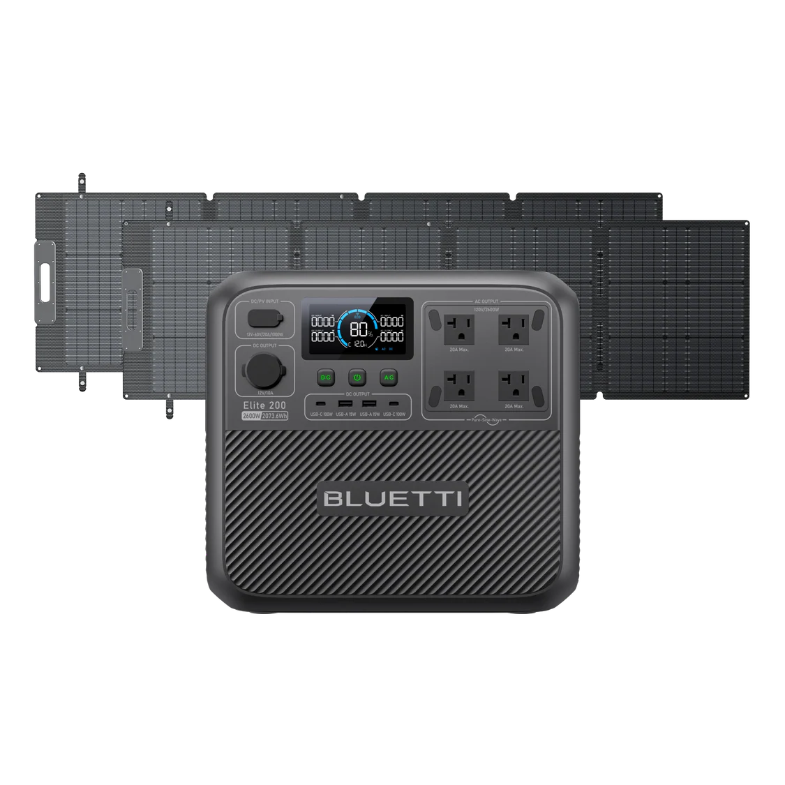 A portable BLUETTI Elite 200 power station with a digital display and four AC outlets is shown in front of a foldable solar panel array, both set against a plain white background—perfect for showcasing this advanced solar generator.
