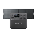 A portable Bluetti Elite200v2 power station with digital display and multiple outlets is shown in front of four connected solar panels on a plain white background, illustrating this advanced solar generator’s versatility and convenience.