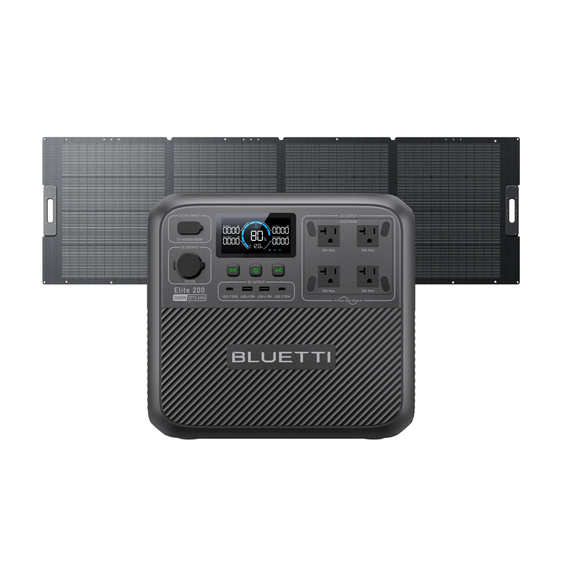 A portable Bluetti Elite200v2 power station with digital display and multiple outlets is shown in front of four connected solar panels on a plain white background, illustrating this advanced solar generator’s versatility and convenience.