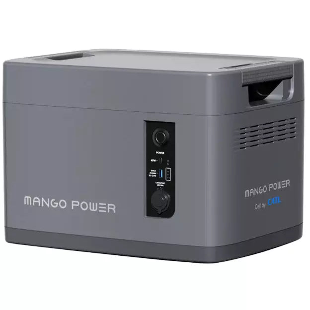 A gray portable power station by Mango Power features a handle, power button, USB ports, vents, and branding. Highlighting its LFP battery cells by CATL, it offers reliable portable backup power for home use.