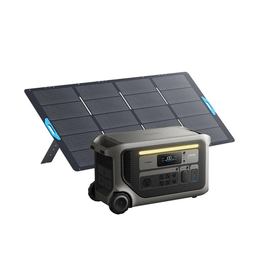 An Anker portable power station with a digital display and multiple outlets sits in front of a foldable solar panel angled for charging, delivering reliable off-grid emergency backup power.