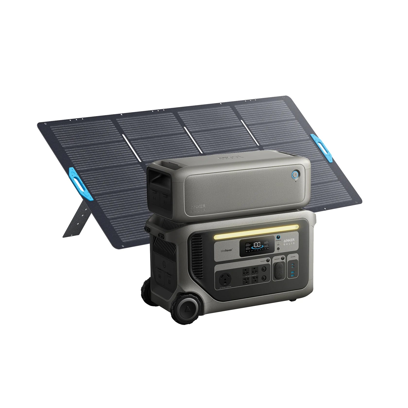 The Anker portable power station with a LiFePO₄ battery and digital display is displayed next to a foldable solar panel, both set against a white background—perfect for dependable off-grid energy.