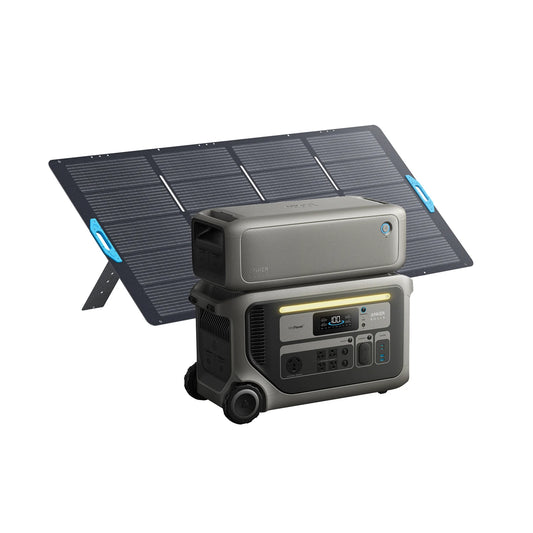 The Anker portable power station with a LiFePO₄ battery and digital display is displayed next to a foldable solar panel, both set against a white background—perfect for dependable off-grid energy.