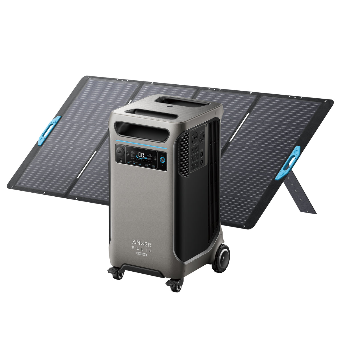 Anker’s portable power station—with digital display and wheels—is set in front of a foldable solar panel on its stand, ready to deliver backup power via seamless solar input.