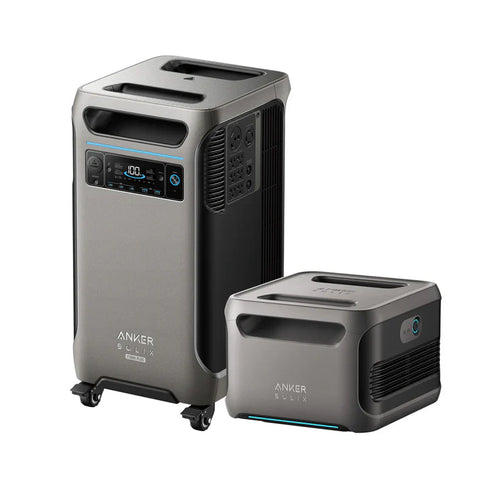 Two gray Anker battery power stations—one large, upright model with wheels and display, and one smaller rectangular unit—both with top handles, offering backup power with generator or solar charging options.