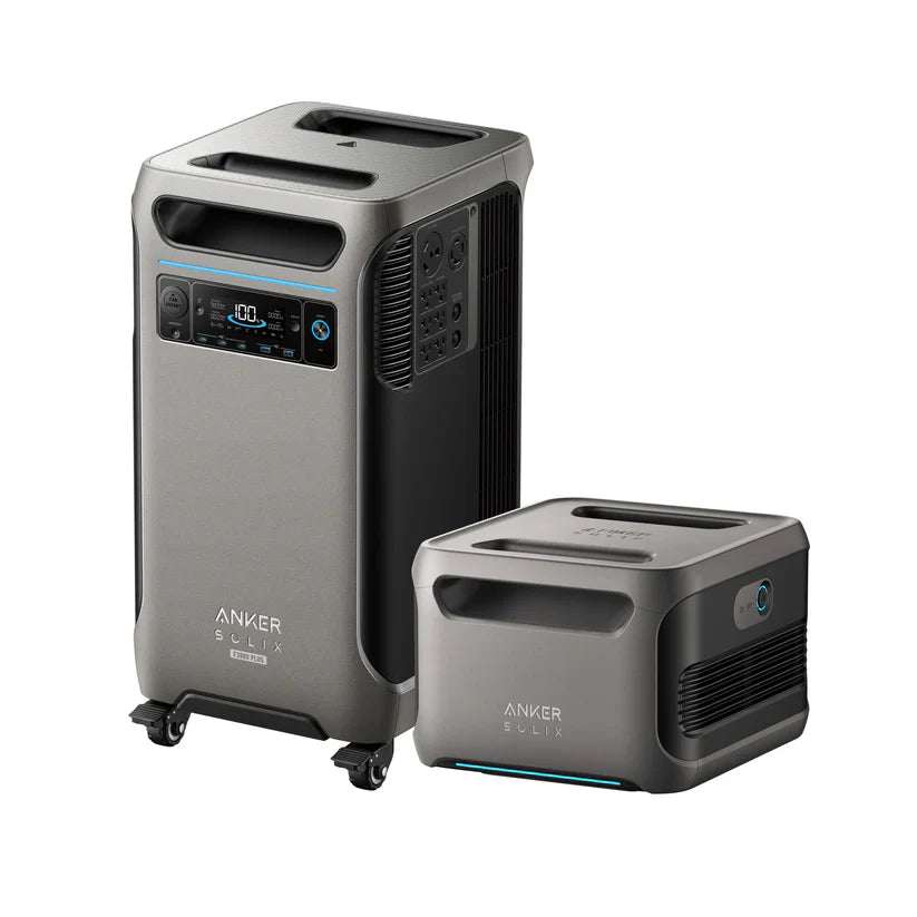 Two gray Anker battery power stations—one large, upright model with wheels and display, and one smaller rectangular unit—both with top handles, offering backup power with generator or solar charging options.