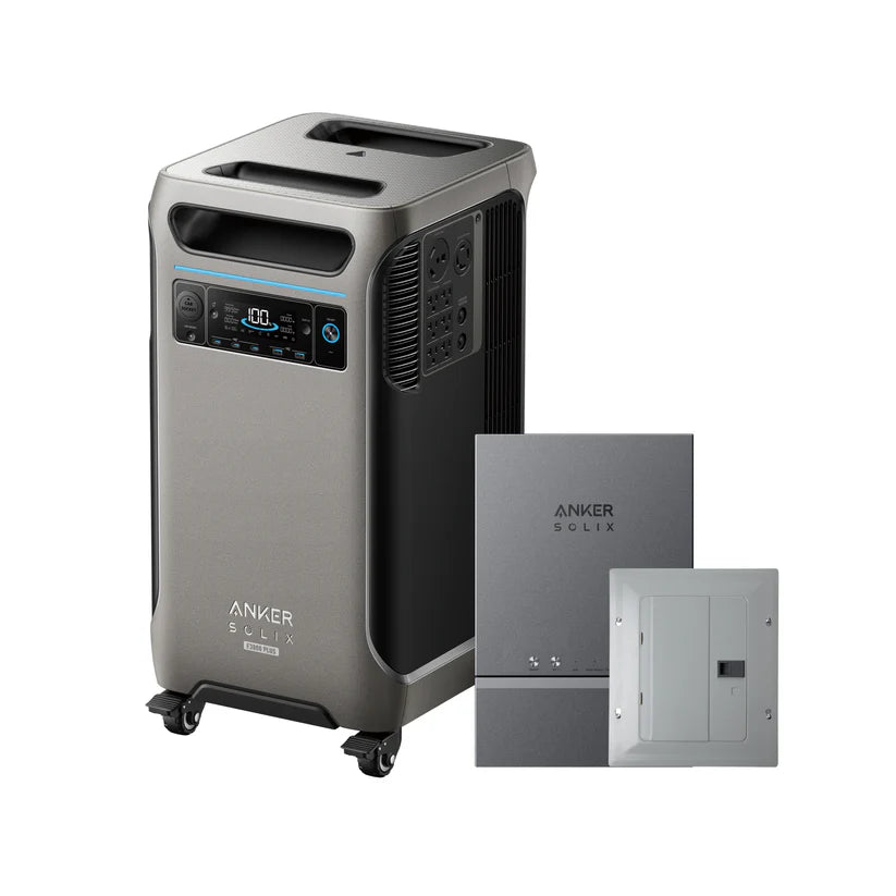The Anker Solix portable power station on wheels, featuring a digital display, is shown beside two gray electrical panels, providing reliable backup power with solar input—all set against a white background.