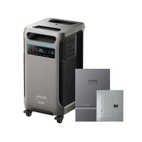 The Anker Solix portable power station on wheels, featuring a digital display, is shown beside two gray electrical panels, providing reliable backup power with solar input—all set against a white background.