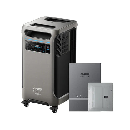 The Anker Solix portable power station on wheels, featuring a digital display, is shown beside two gray electrical panels, providing reliable backup power with solar input—all set against a white background.