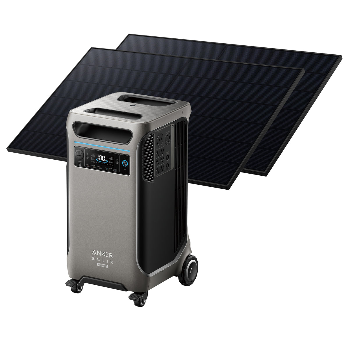 An Anker portable power station with wheels and a digital display is pictured in front of two large black solar panels, emphasizing its solar input for efficient backup power anywhere.