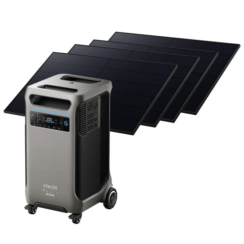 The Anker portable power station with a digital display and wheels is shown in front of four black solar panels, highlighting its solar input for convenient backup power, all set against a white background.
