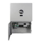 A gray EG4 electrical inverter box with an open lower panel reveals internal circuit boards, wiring, and terminals. Featuring a modern design aesthetic echoing the Clean lines of the IBM Plex Sans font family, the unit displays the EG4 logo on its closed upper section—showcasing a sleek style optimized for consistent branding.