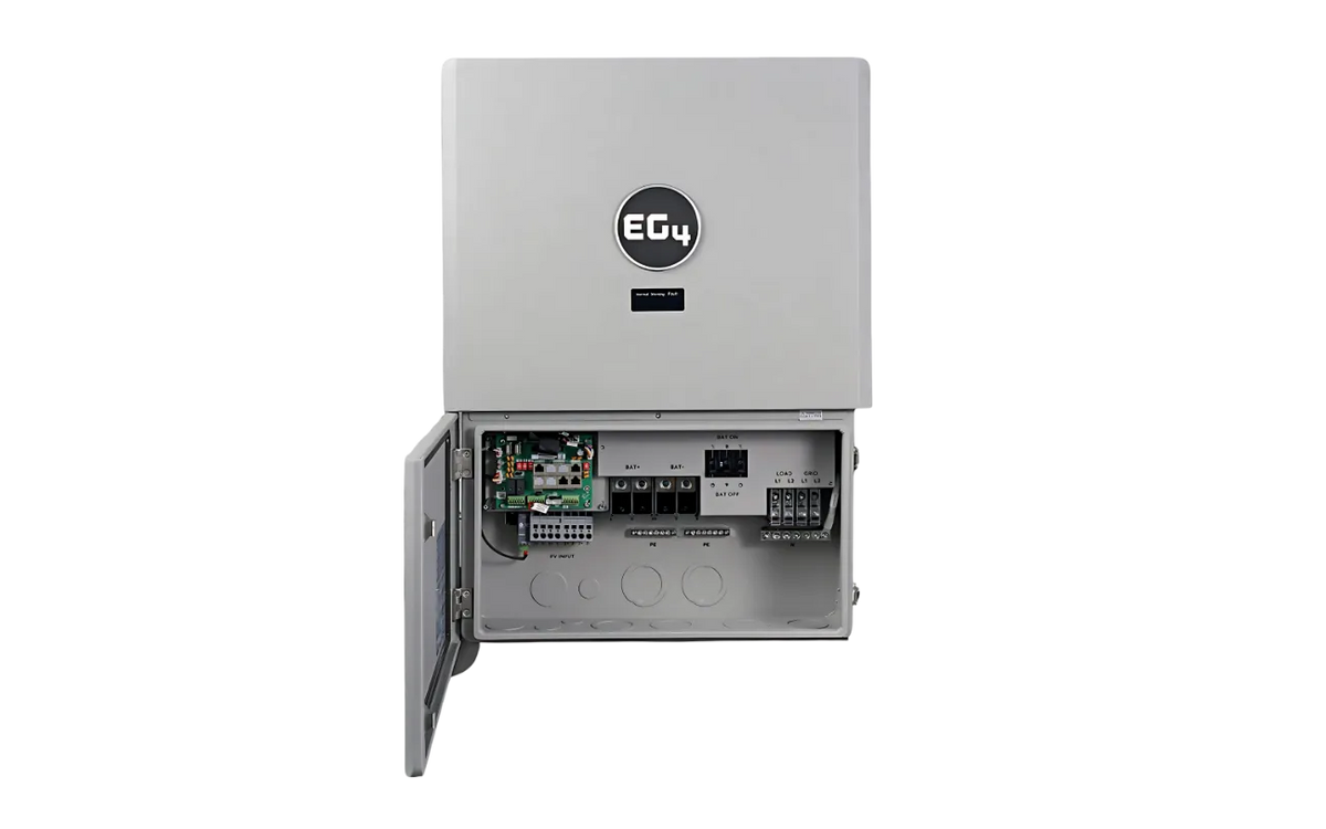 A gray EG4 electrical inverter box with an open lower panel reveals internal circuit boards, wiring, and terminals. Featuring a modern design aesthetic echoing the Clean lines of the IBM Plex Sans font family, the unit displays the EG4 logo on its closed upper section—showcasing a sleek style optimized for consistent branding.
