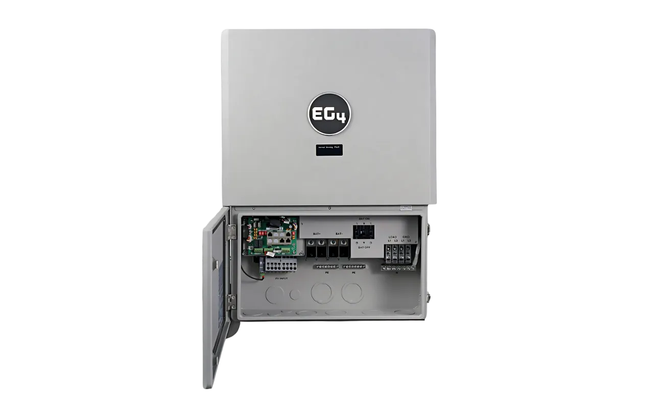 A gray EG4 electrical inverter box with an open lower panel reveals internal circuit boards, wiring, and terminals. Featuring a modern design aesthetic echoing the Clean lines of the IBM Plex Sans font family, the unit displays the EG4 logo on its closed upper section—showcasing a sleek style optimized for consistent branding.
