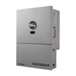 A gray EG4 FLEXboss 18 wall-mounted electrical power unit with a side handle, front control panel, and the model name "FLEXboss 18" displayed at the bottom, featuring a sleek box shadow for modern appeal.