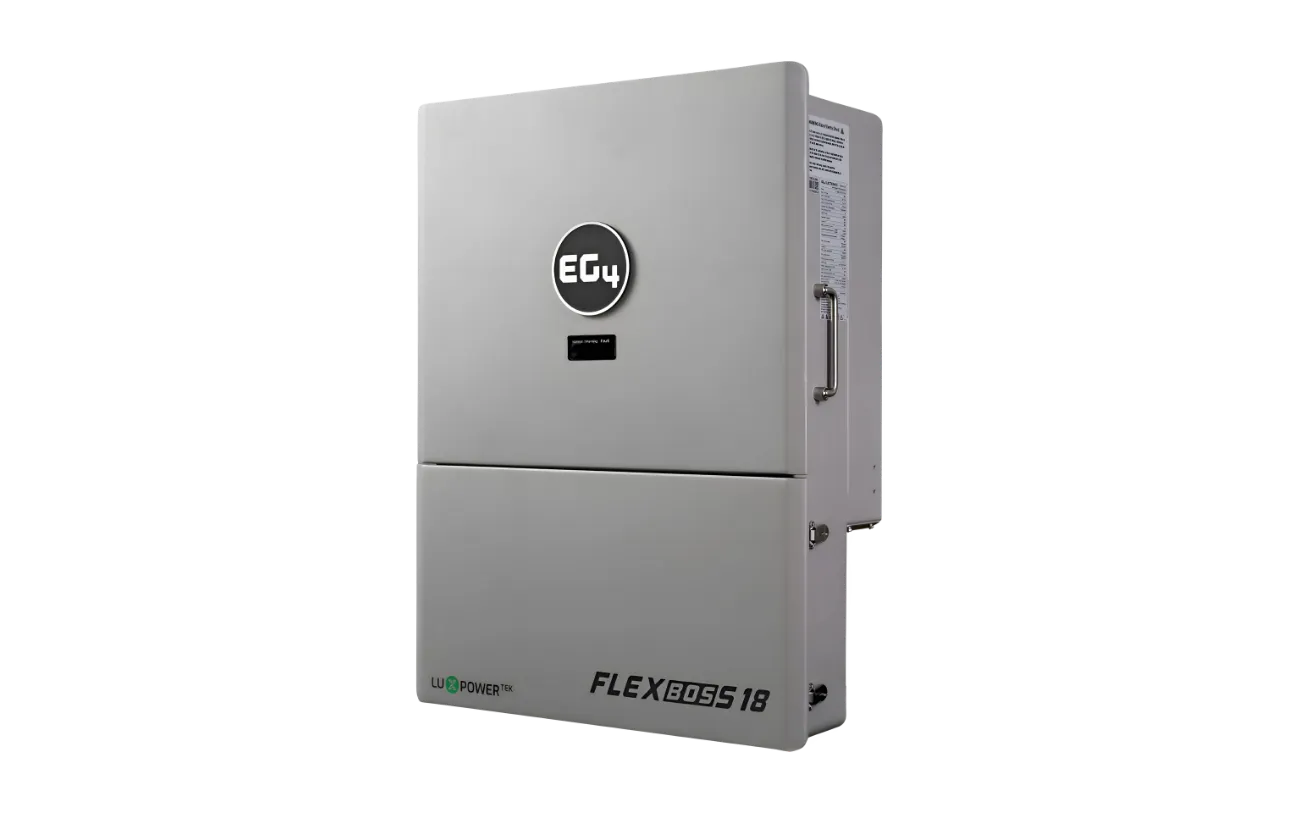 A gray EG4 FLEXboss 18 wall-mounted electrical power unit with a side handle, front control panel, and the model name "FLEXboss 18" displayed at the bottom, featuring a sleek box shadow for modern appeal.