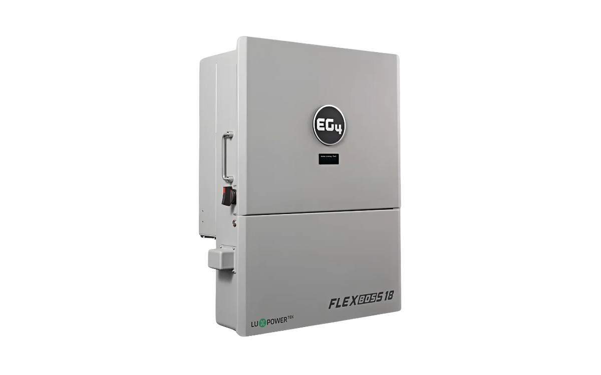 A gray EG4 FlexBoss 18 electrical control unit mounted on a white background, featuring a circular display and black logo on the upper panel, reminiscent of the clean lines and modern aesthetic found in IBM Plex Sans font family or well-designed CSS variables.
