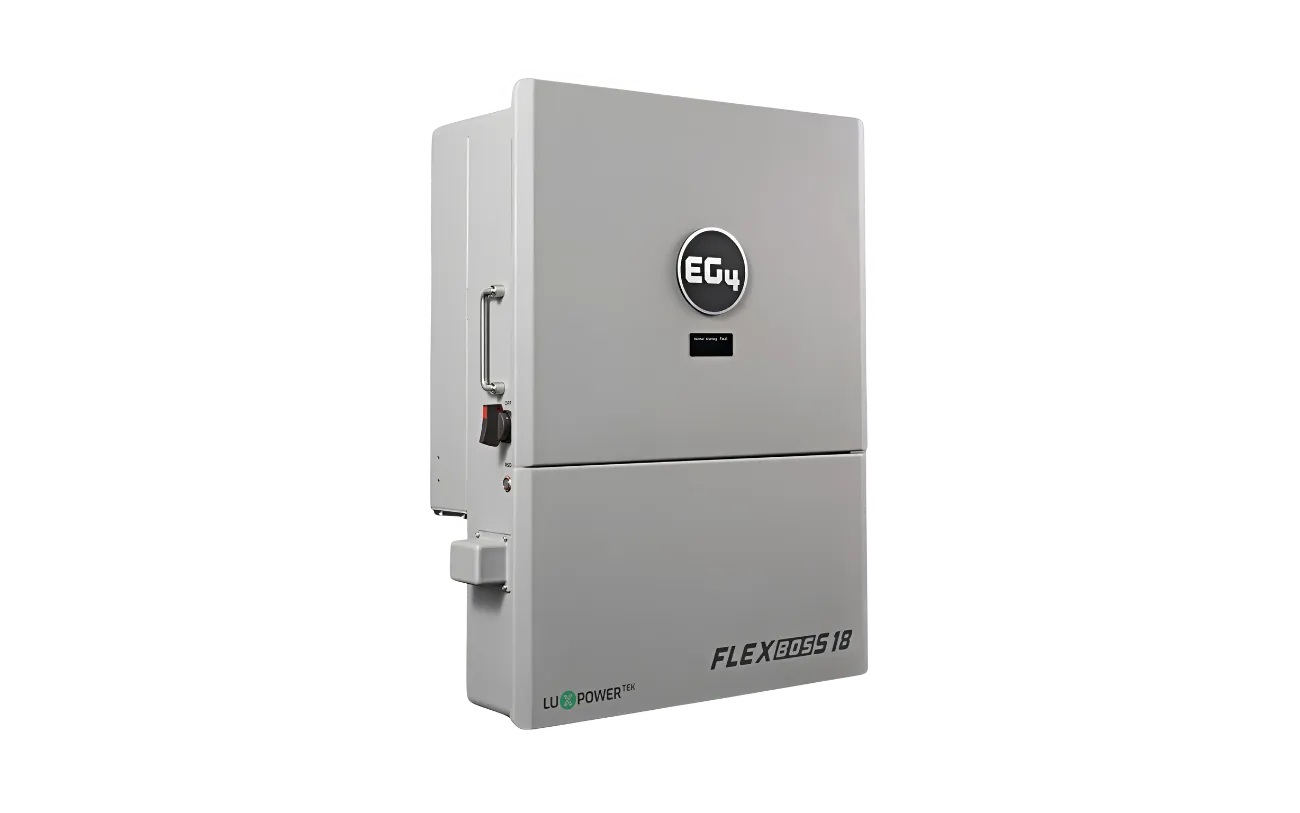 A gray EG4 FlexBoss 18 electrical control unit mounted on a white background, featuring a circular display and black logo on the upper panel, reminiscent of the clean lines and modern aesthetic found in IBM Plex Sans font family or well-designed CSS variables.