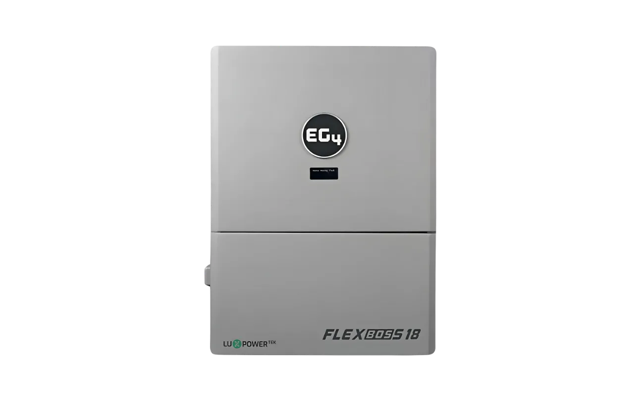 A gray rectangular device labeled EG4 18, featuring a circular EG4 logo and a small display screen on the front, is mounted against a plain white background, showcasing product branding styled in the modern IBM Plex Sans font family—ideal for those who appreciate subtle design details reminiscent of CSS variables.