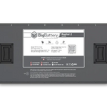 A BigBattery battery pack, the Raptor 2, is pictured from above with its technical specifications label visible. The unit features handles on both sides and a gray rectangular casing with clean lines evocative of IBM Plex Sans typography. A subtle box-shadow effect accentuates the modern design and robust construction of this BigBattery product.