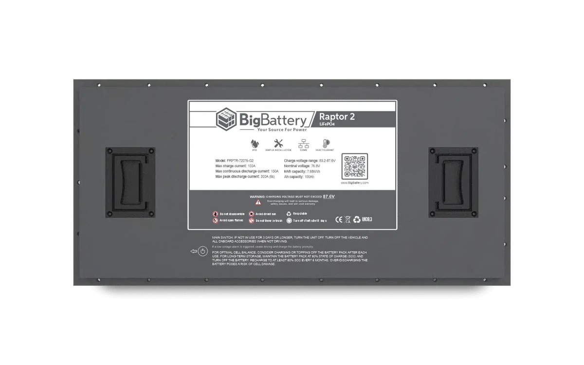 A BigBattery battery pack, the Raptor 2, is pictured from above with its technical specifications label visible. The unit features handles on both sides and a gray rectangular casing with clean lines evocative of IBM Plex Sans typography. A subtle box-shadow effect accentuates the modern design and robust construction of this BigBattery product.