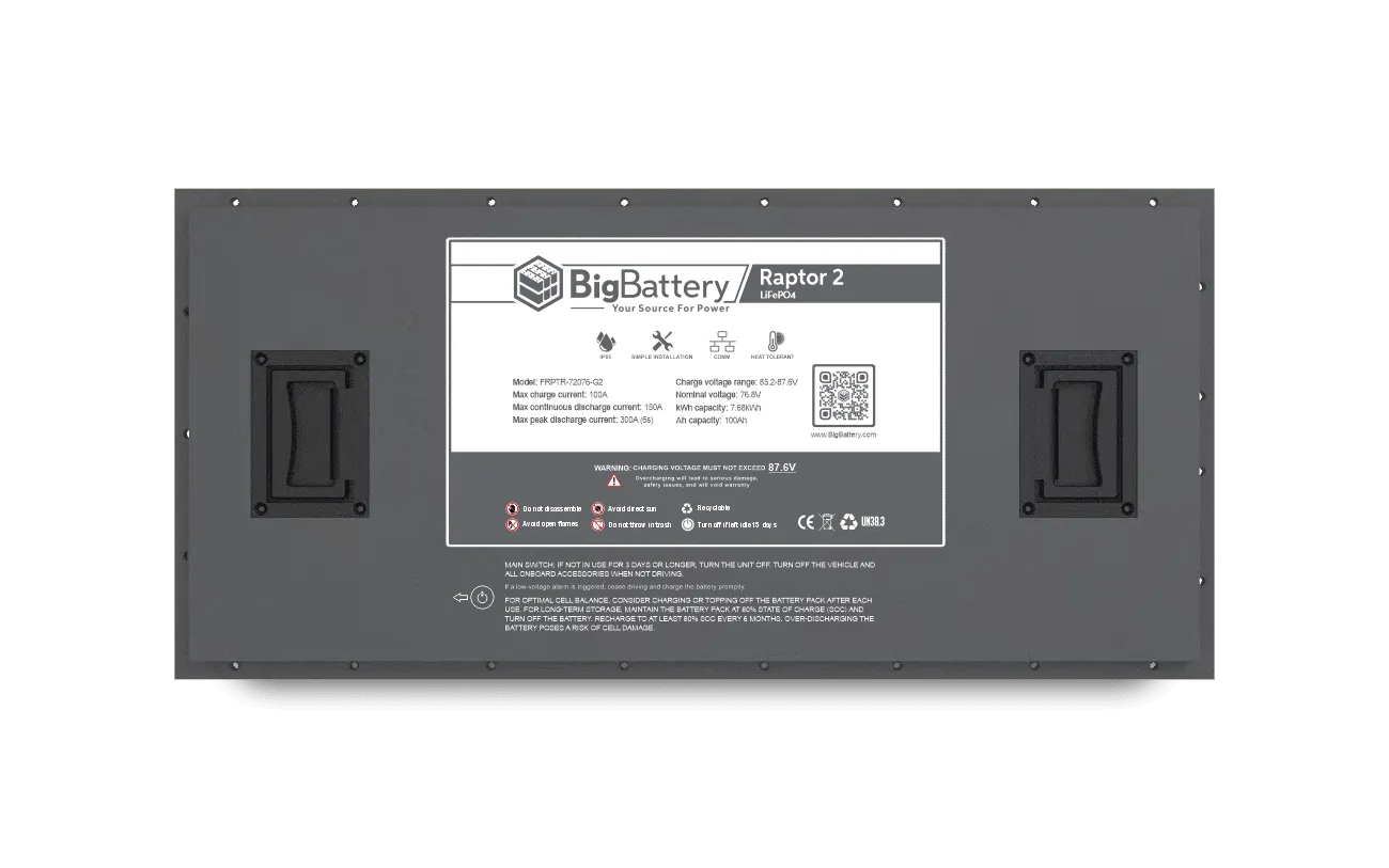 A BigBattery battery pack, the Raptor 2, is pictured from above with its technical specifications label visible. The unit features handles on both sides and a gray rectangular casing with clean lines evocative of IBM Plex Sans typography. A subtle box-shadow effect accentuates the modern design and robust construction of this BigBattery product.