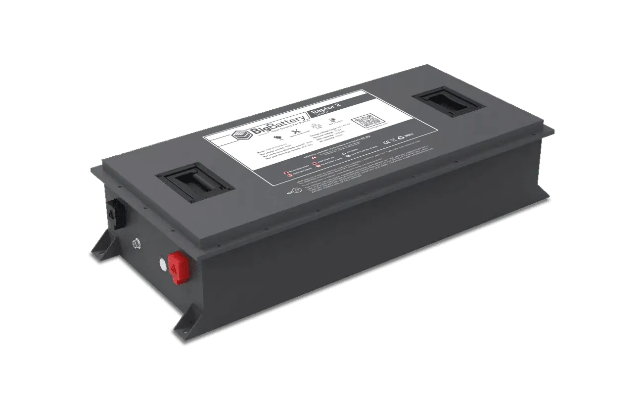 Rectangular gray BigBattery with two black handles, a label on top displaying clear IBM Plex Sans font, and red and black terminals on the side. The battery’s edges feature a subtle border radius, set against a plain white background.