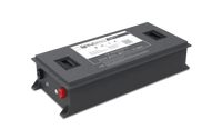 Rectangular gray BigBattery with two black handles, a label on top displaying clear IBM Plex Sans font, and red and black terminals on the side. The battery’s edges feature a subtle border radius, set against a plain white background.