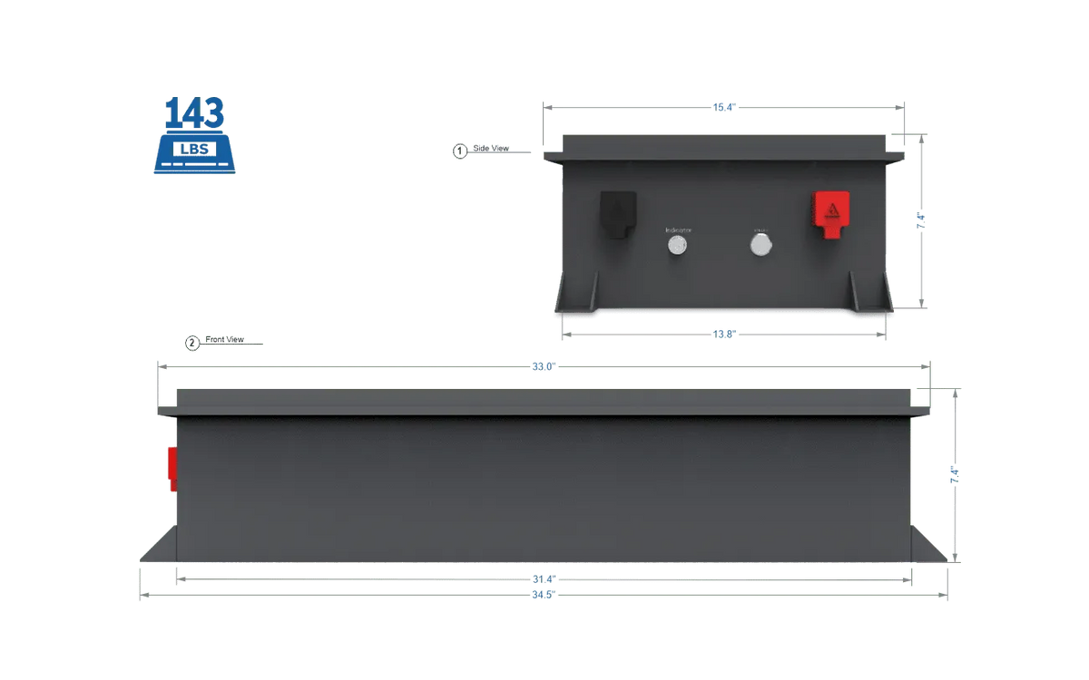 A dark gray rectangular battery box from BigBattery, with labeled dimensions, front and side views, and clearly visible battery terminals. Blue and red connection points are displayed on the side, and the unit weighs 143 lbs. The design includes a subtle box-shadow for added depth, with all text presented in the clean IBM Plex Sans font-family for enhanced clarity.