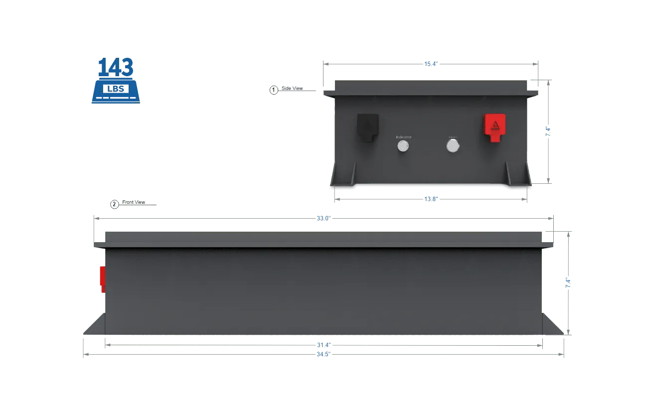 A dark gray rectangular battery box from BigBattery, with labeled dimensions, front and side views, and clearly visible battery terminals. Blue and red connection points are displayed on the side, and the unit weighs 143 lbs. The design includes a subtle box-shadow for added depth, with all text presented in the clean IBM Plex Sans font-family for enhanced clarity.