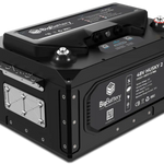 Black 48V Husky 2 lithium battery by Eco Solar Kits, featuring multiple ports, a control panel, and a label with specifications, set against a plain white background.
