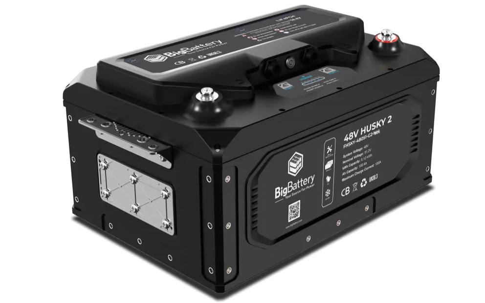 Black 48V Husky 2 lithium battery by Eco Solar Kits, featuring multiple ports, a control panel, and a label with specifications, set against a plain white background.
