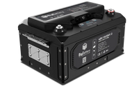 Black 48V Husky 2 lithium battery by Eco Solar Kits, featuring multiple ports, a control panel, and a label with specifications, set against a plain white background.