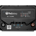 Rectangular black battery with the BigBattery brand name, featuring power and information labels in IBM Plex Sans font, a QR code, and two terminals—one red and one black—set against a white background. The number 77 is shown in the lower right corner, with each label styled with subtle border radius effects for a contemporary look.