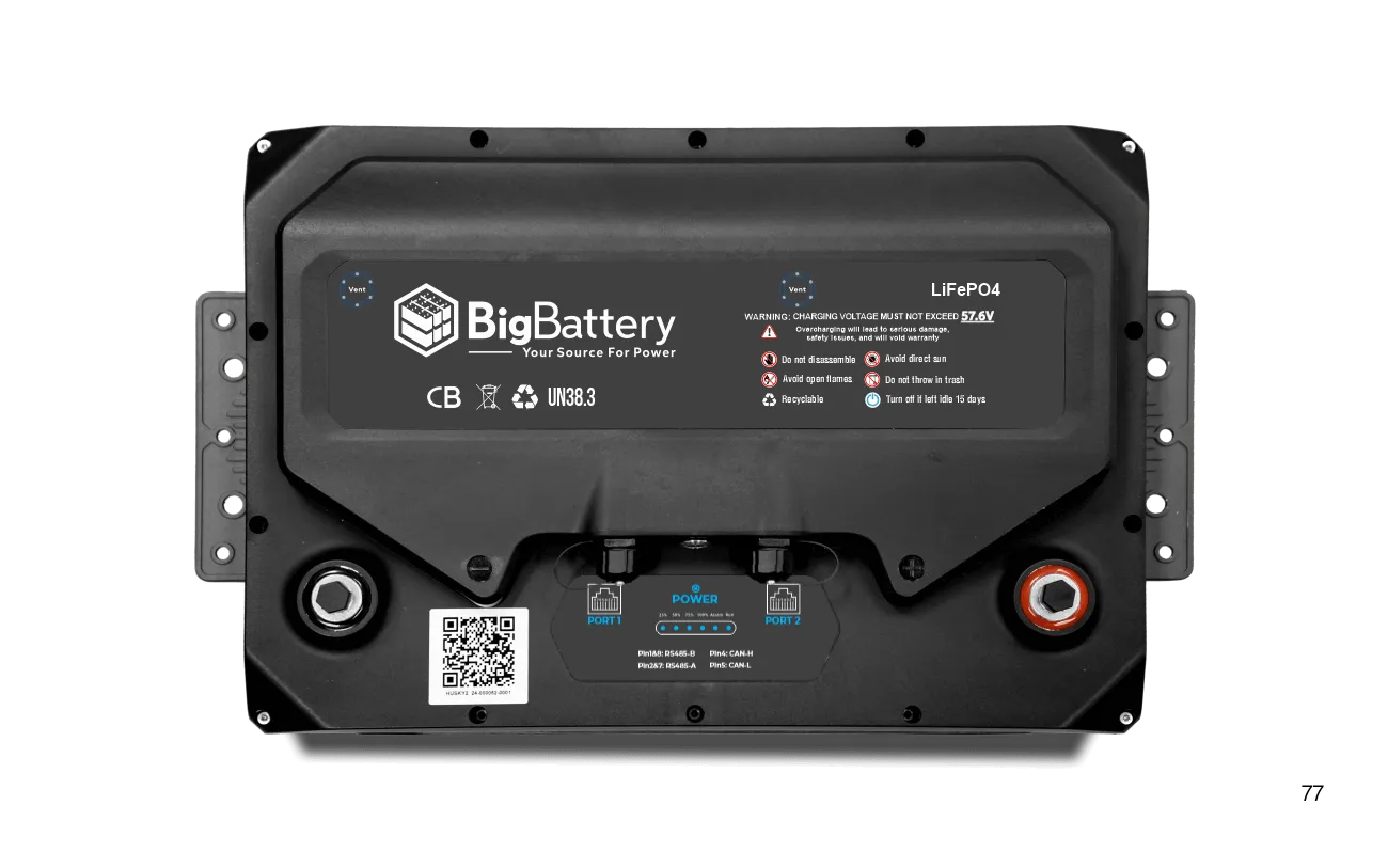 Rectangular black battery with the BigBattery brand name, featuring power and information labels in IBM Plex Sans font, a QR code, and two terminals—one red and one black—set against a white background. The number 77 is shown in the lower right corner, with each label styled with subtle border radius effects for a contemporary look.