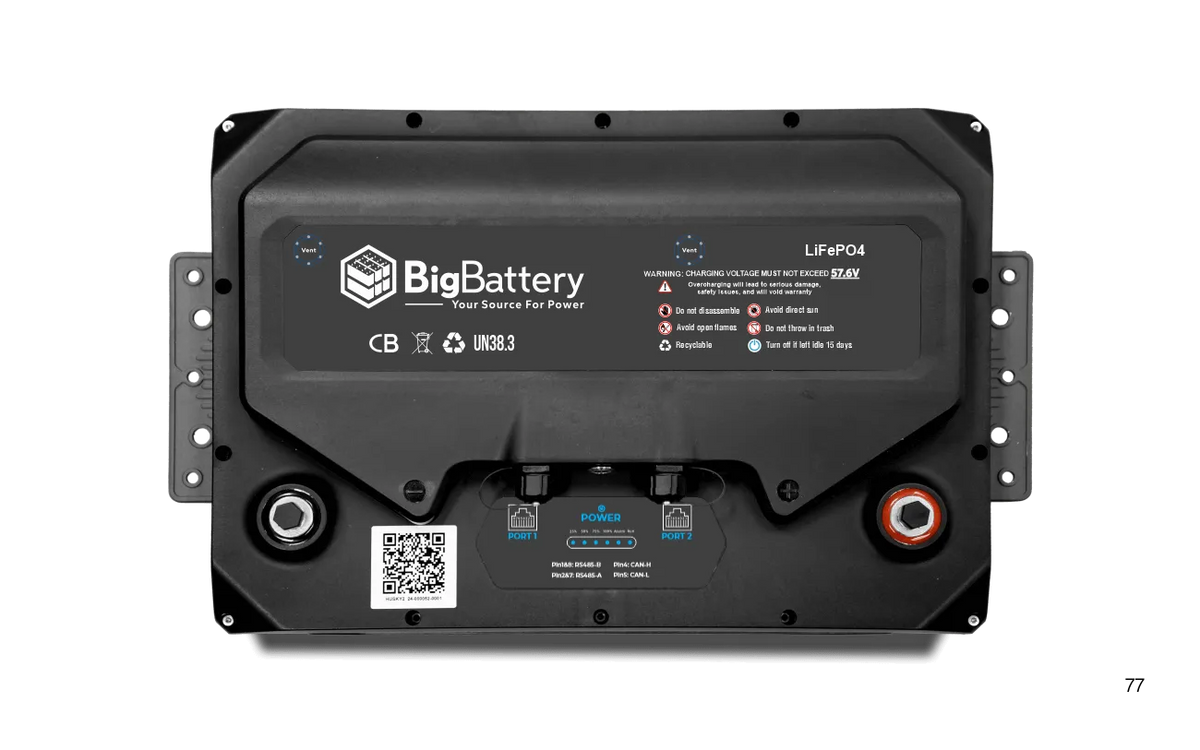 A rectangular black BigBattery LiFePO4 battery featuring terminals, a QR code, status lights, and a product label on the front is shown against a card background. The clean lines of the IBM Plex Sans-style font on the product label emphasize its modern aesthetic. The image is presented on a plain white backdrop.
